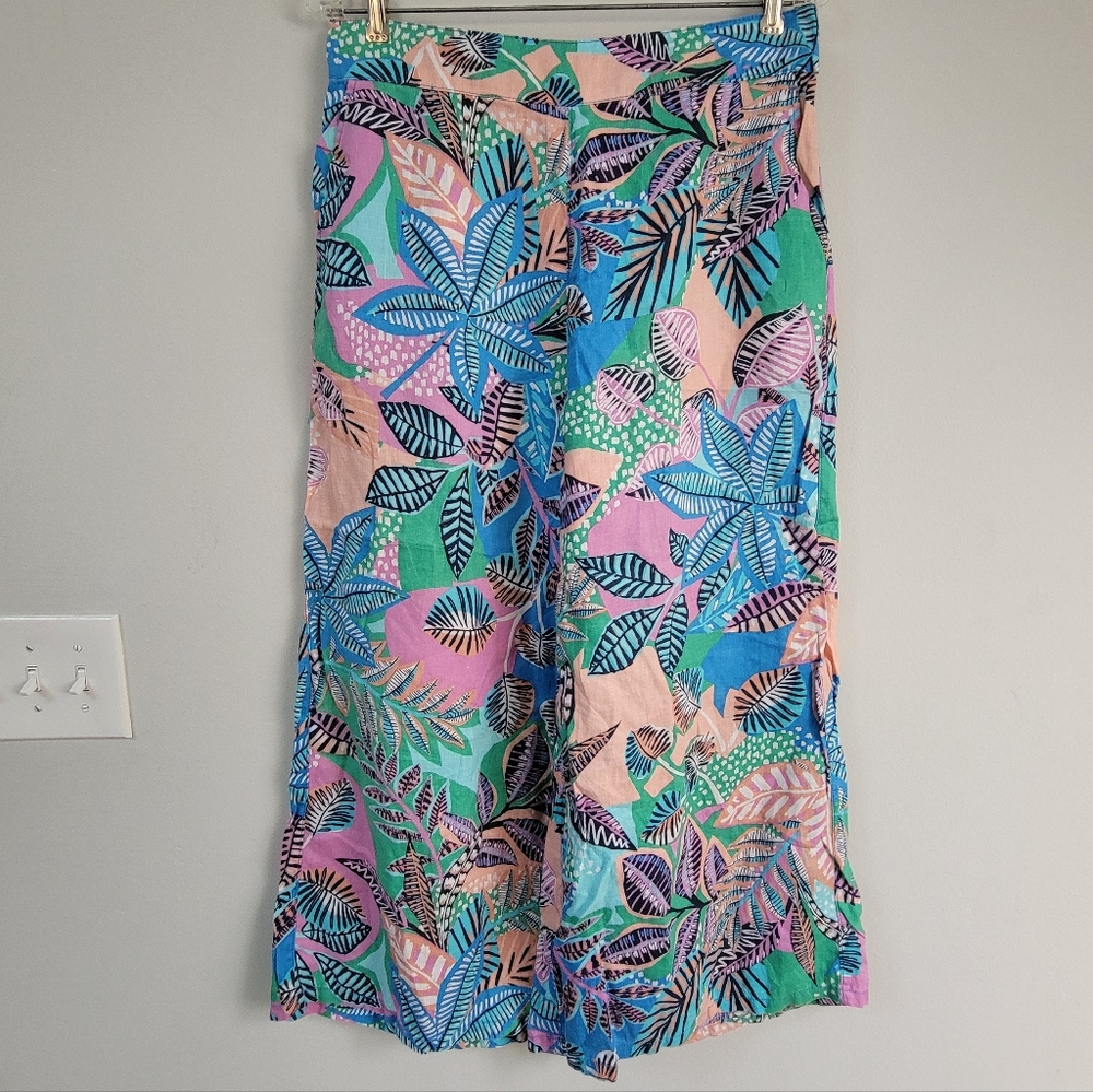 Cynthia Rowley Linen Tropical Flowy Pant Women's Size L Wide Leg Beachy Boho